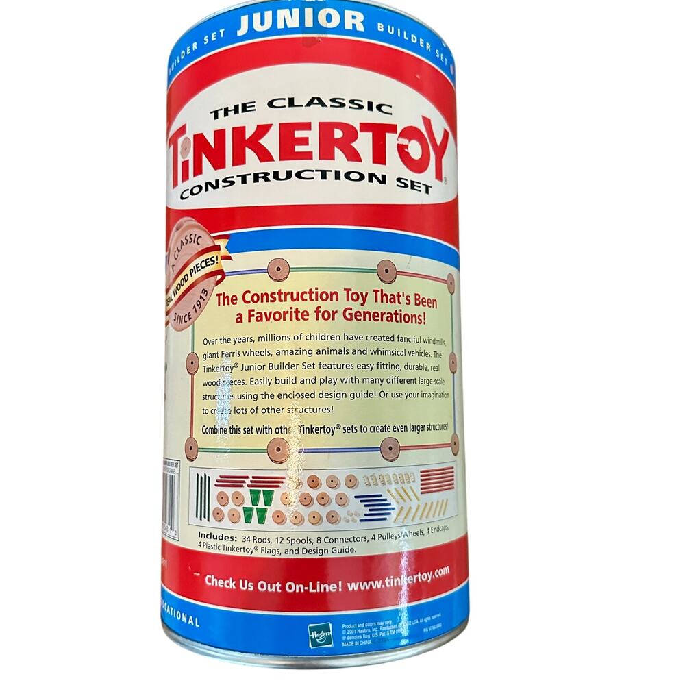 Vintage Tinkertoy Junior Builder Set Incomplete Wood Pieces Tin Guide Kidcore